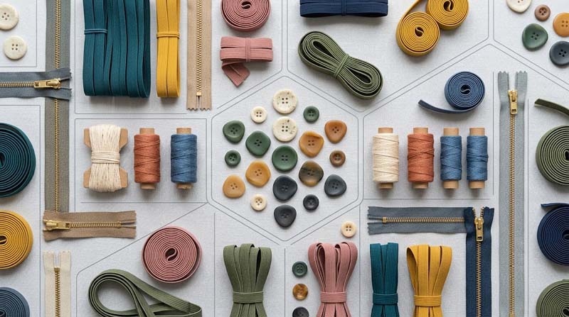 A collection of high-quality garment accessories including zippers, buttons, and threads representing textile safety compliance.