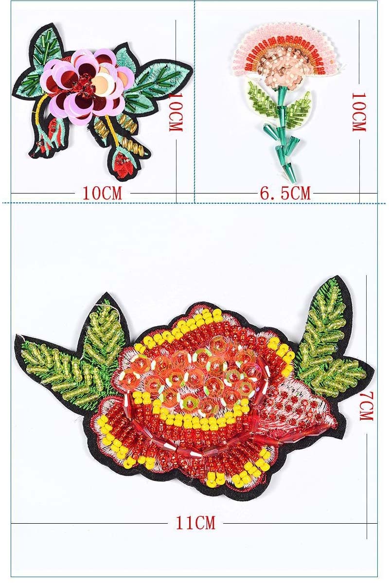 Size and dimensions diagram for custom handmade beaded and sequin floral patches.